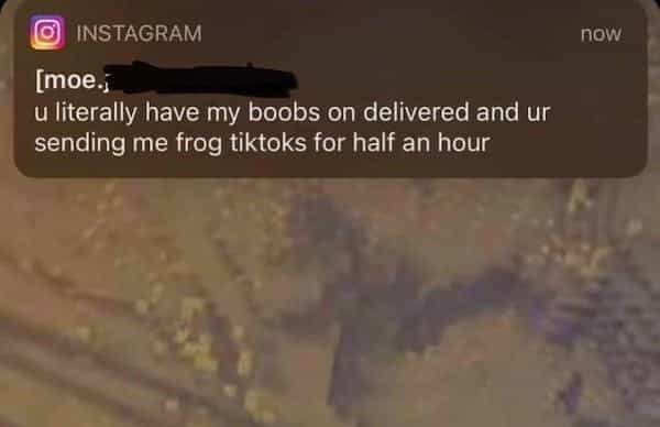 u literally have my boobs on delivered and ur sending me frog tiktoks for half an hour