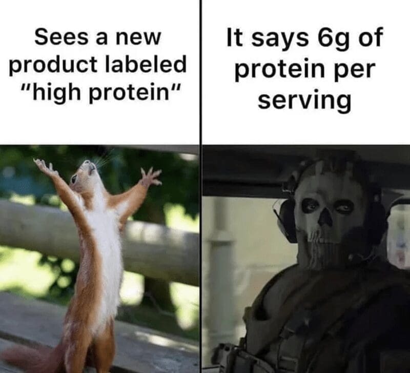 Sees a new product labeled "high protein" It says 6g of protein per serving