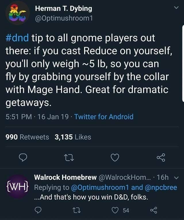 D&D memes #dnd tip to all gnome players out there: if you cast Reduce on yourself, you'll only weigh ~5 lb, so you can fly by grabbing yourself by the collar with Mage Hand. Great for dramatic getaways.