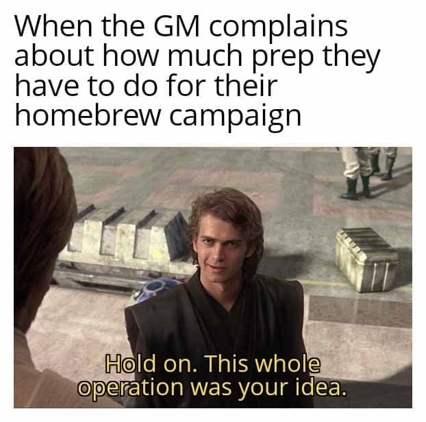 D&D memes When the GM complains about how much prep they have to do for their homebrew campaign Hold on. This whole operation was your idea.