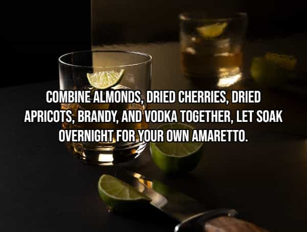 drinking hacksCOMBINE ALMONDS, DRIED CHERRIES, DRIED APRICOTS, BRANDY, AND VODKA TOGETHER, LET SOAK OVERNIGHT FOR YOUR OWN AMARETTO.