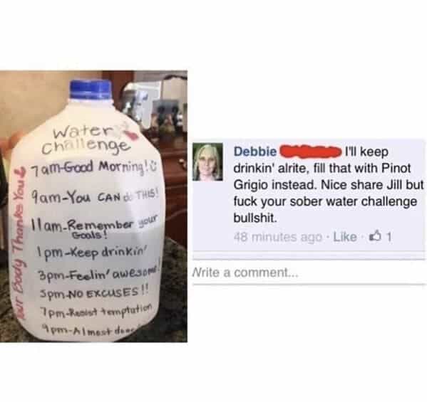 drinking meme water challenge -) 1am-Good Morning!® You • 9am-You CAN dU THIS! lam-Remomber sort Ipm-Keep drinkin' 3pm-Feelin' awesort Spm-No EXCUSES !! Tpm-Resist temptation *pm-Almest des Debbie • I'I кеер drinkin' alrite, fill that with Pinot Grigio instead. Nice share Jill but fuck your sober water challenge bullshit.
