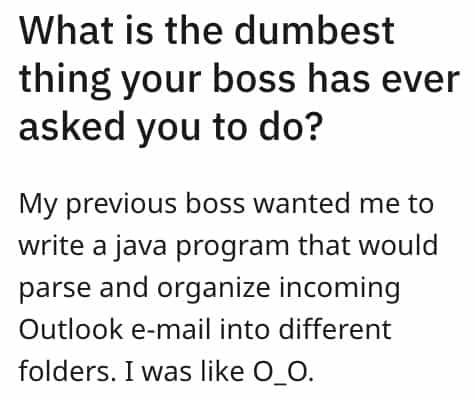dumbest bosses What is the dumbest thing your boss has ever asked you to do? My previous boss wanted me to write a java program that would parse and organize incoming Outlook e-mail into different folders. I was like O_O.