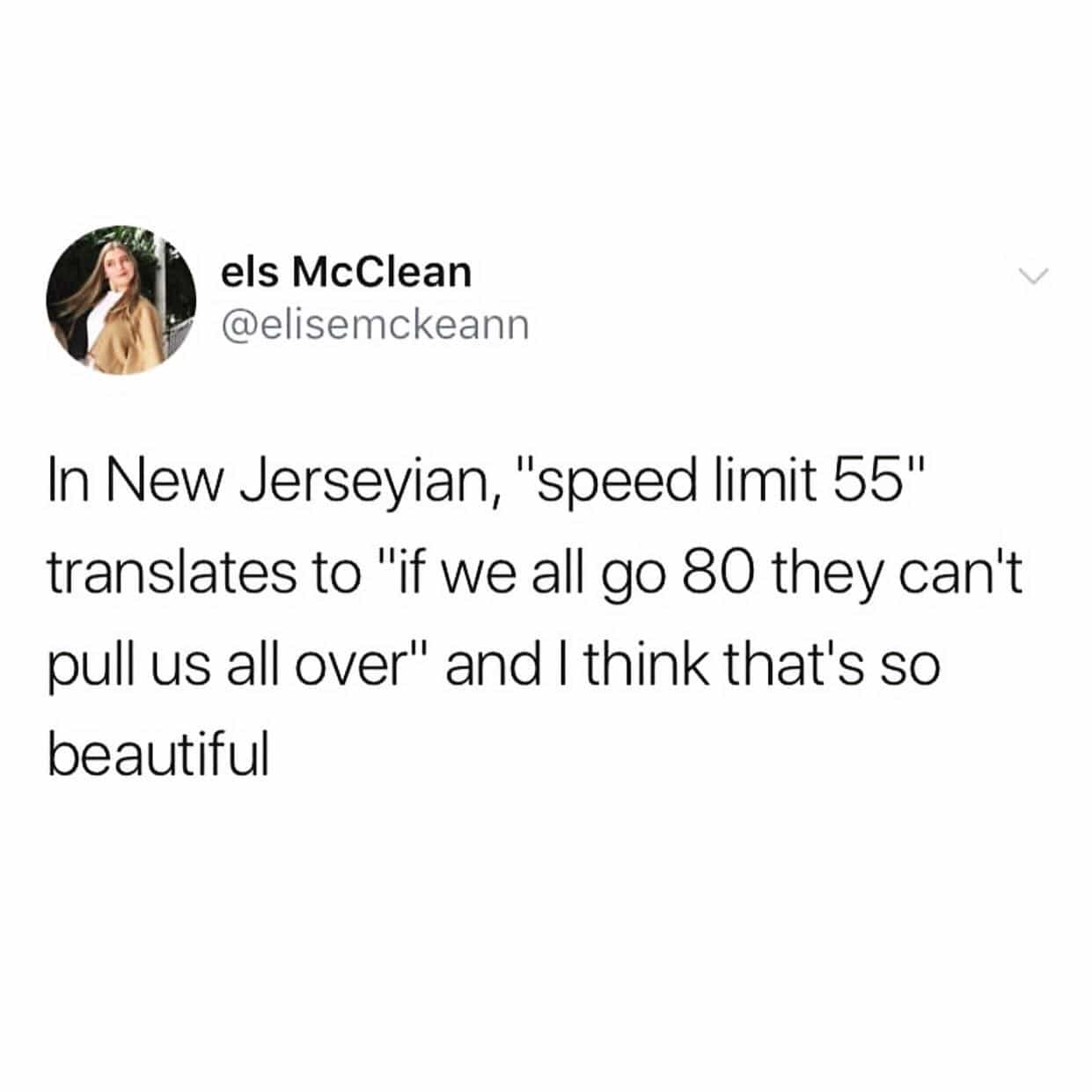 funny meme In New Jerseyian, "speed limit 55" translates to "if we all go 80 they can't pull us all over" and I think that's so beautiful