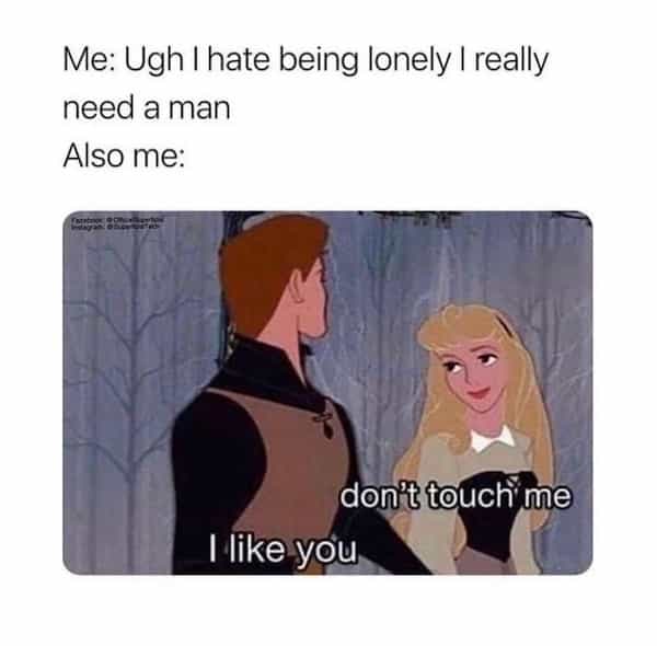 being single memes Me: Ugh I hate being lonely I really need a man Also me: don't touch me I like you