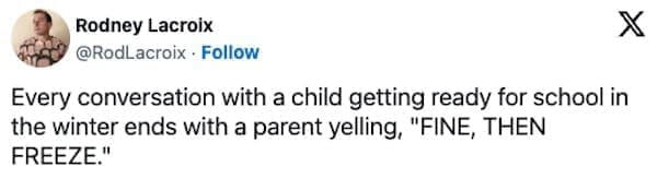 winter memes Every conversation with a child getting ready for school in the winter ends with a parent yelling, "FINE, THEN FREEZE."