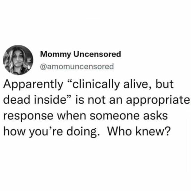 funny pics Apparently "clinically alive, but dead inside" is not an appropriate response when someone asks how you're doing. Who knew?