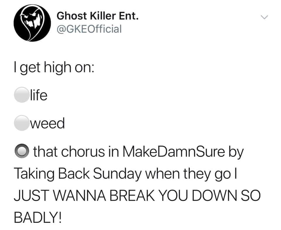 Emo memes I get high on: life weed • that chorus in MakeDamn Sure by Taking Back Sunday when they go l JUST WANNA BREAK YOU DOWN SO BADLY!