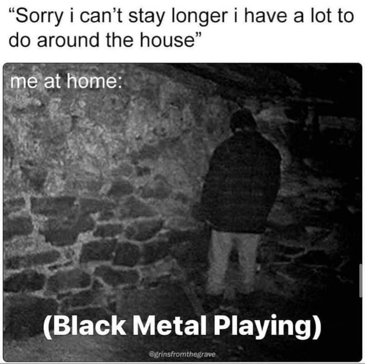 Emo memes "Sorry i can't stay longer i have a lot to do around the house" me at home: (Black Metal Playing)