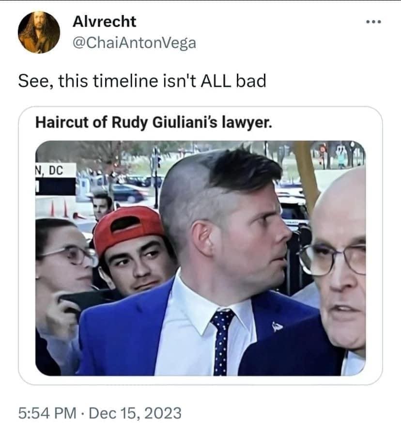 funny memes See, this timeline isn't ALL bad Haircut of Rudy Giuliani's lawyer.