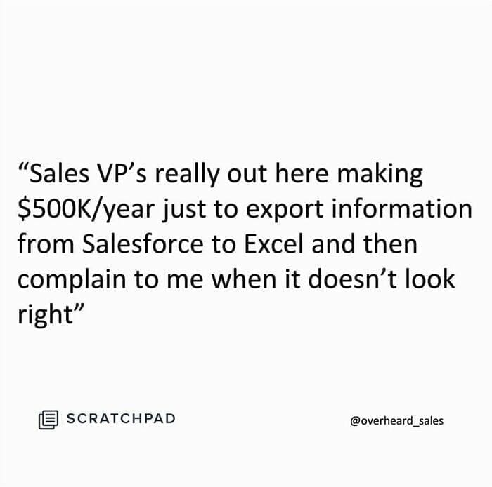 Overheard Sales Conversations "Sales VP's really out here making $500K/year just to export information from Salesforce to Excel and then complain to me when it doesn't look right"