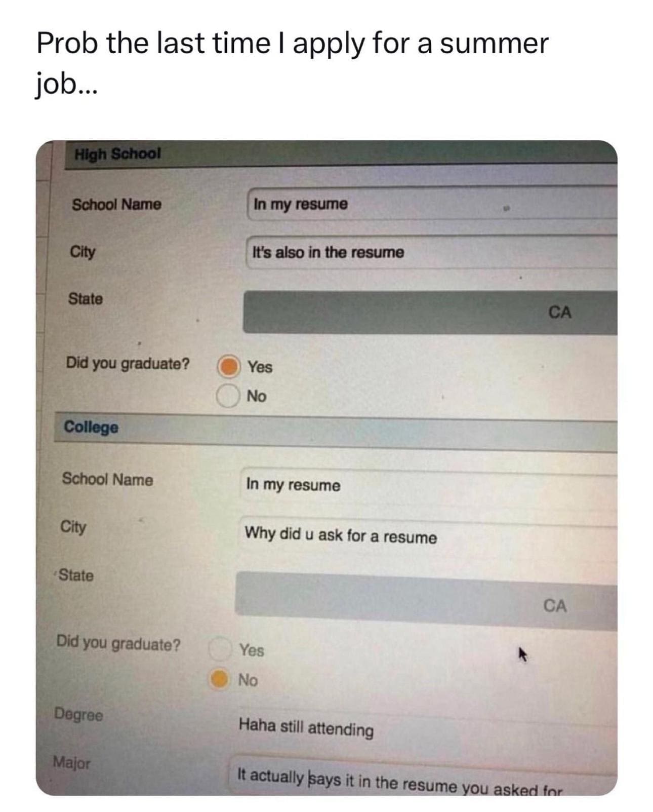 funny pics Prob the last time I apply for a summer job... In my resume City It's also in the resume