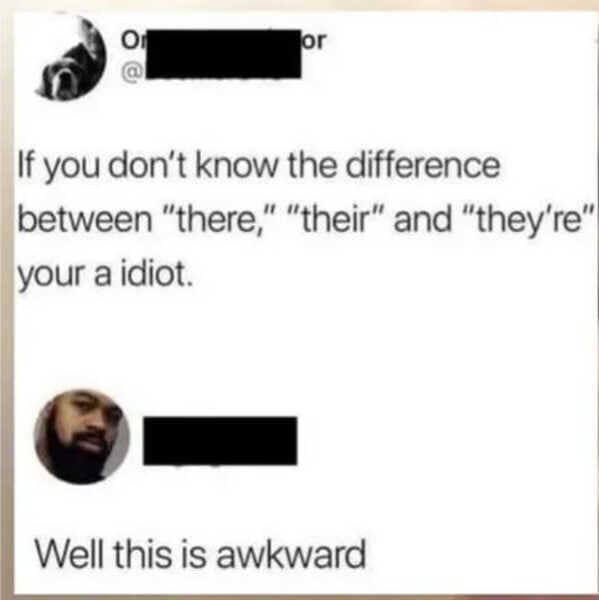 If you don't know the difference between "there," "their" and "they're" you're an idiot. Well this is awkward