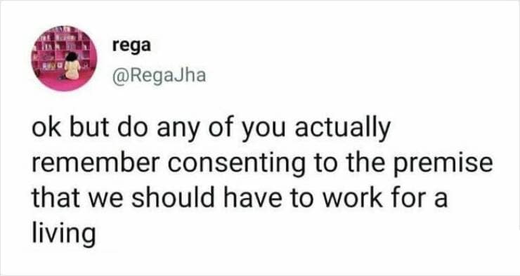 ok but do any of you actually remember consenting to the premise that we should have to work for a living