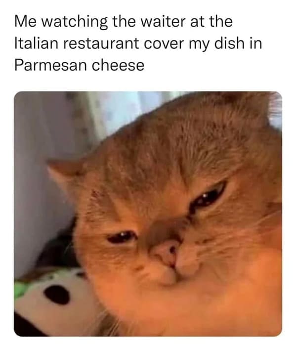 Dumb Memes Me watching the waiter at the Italian restaurant cover my dish in Parmesan cheese