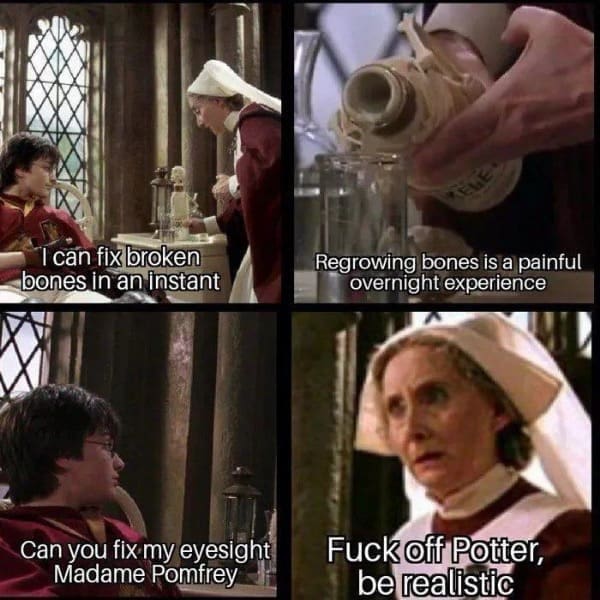funny meme I can fix broken bones in an instant Regrowing bones is a painful overnight experience Can you fix my eyesight Madame Pomfrey Potter, be realistic