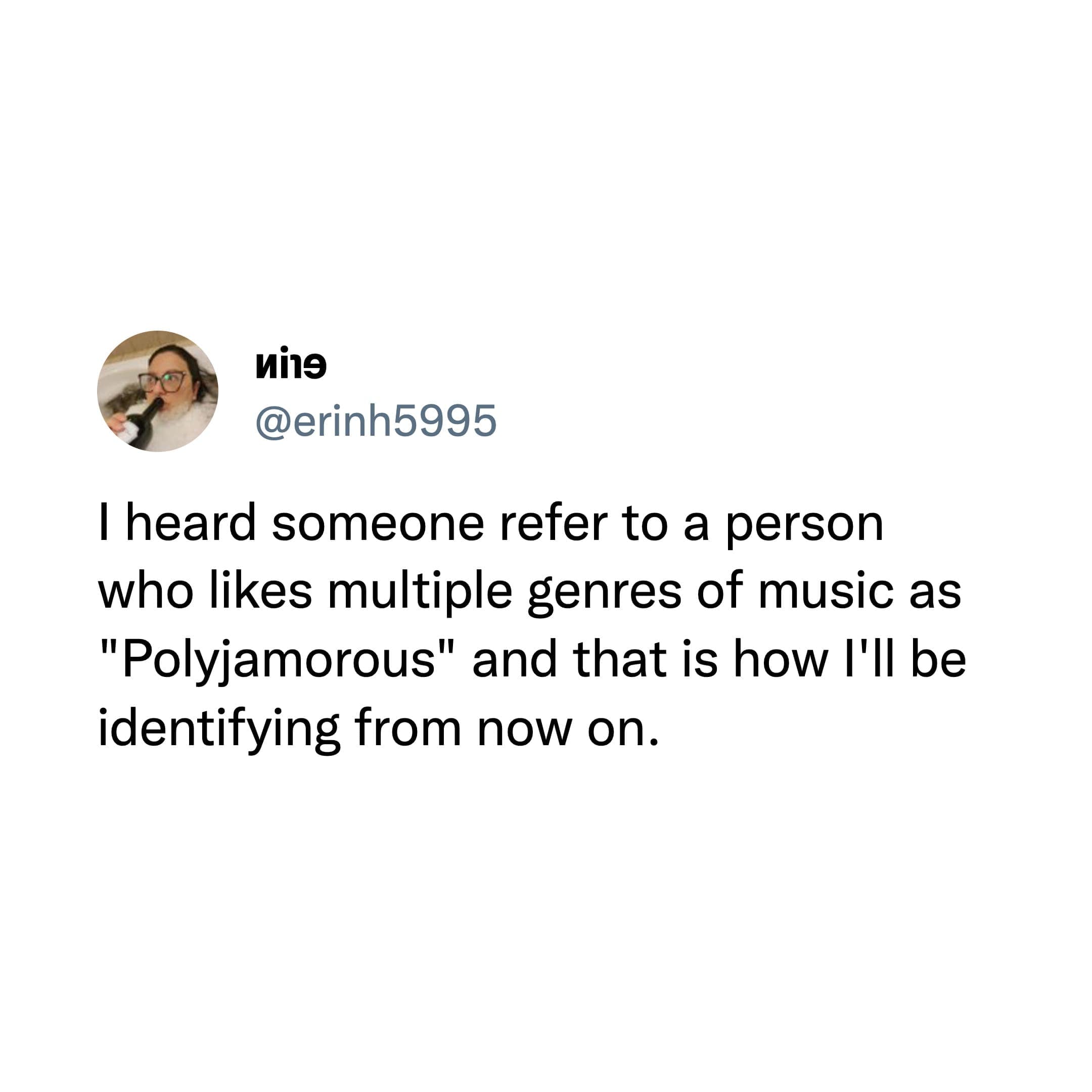 I heard someone refer to a person who likes multiple genres of music as "Polyjamorous" and that is how I'll be identifying from now on.