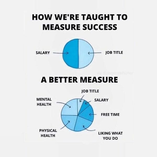 Workplace memes HOW WE'RE TAUGHT TO MEASURE SUCCESS SALARY JOB TITLE A BETTER MEASURE JOB TITLE MENTAL HEALTH SALARY FREE TIME PHYSICAL HEALTH LIKING WHAT