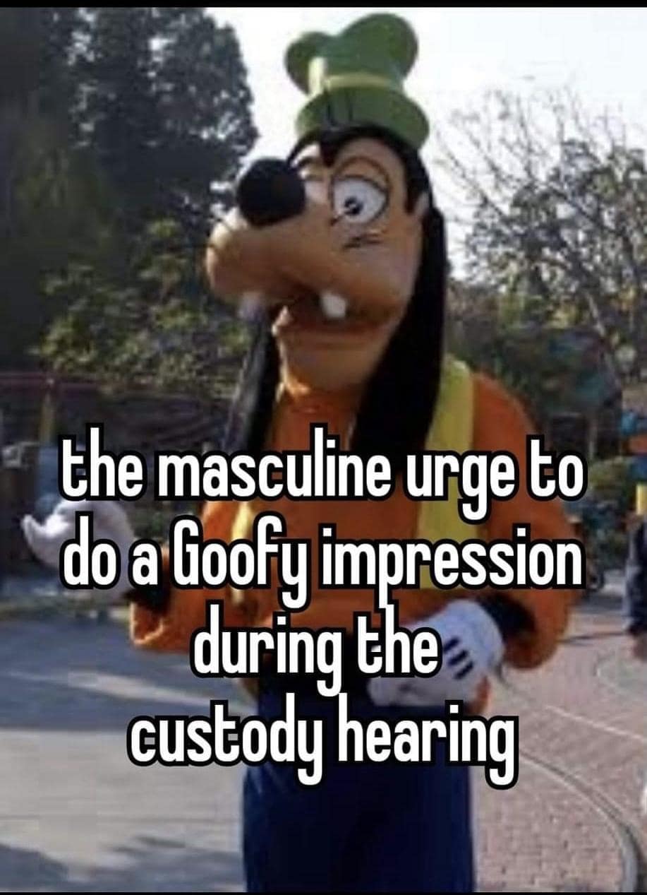 the masculine urge to do a Goofy impression during the custody hearing