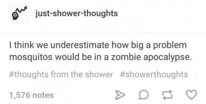 I think we underestimate how big a problem mosquitos would be in a zombie apocalypse.