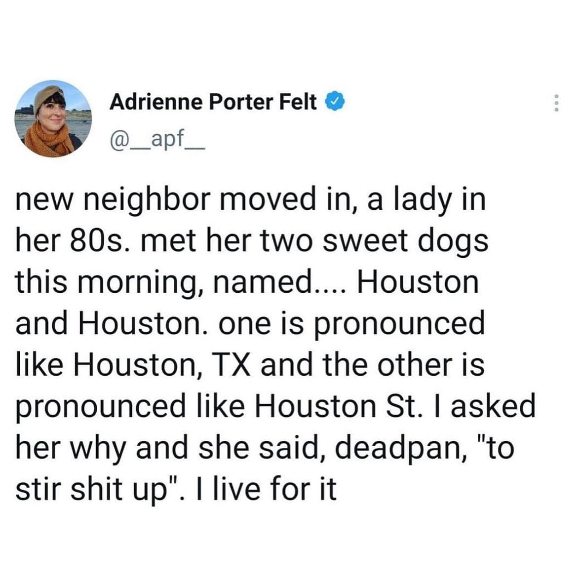funny memes. new neighbor moved in, a lady in her 80s. met her two sweet dogs this morning, named.... Houston and Houston. one is pronounced like Houston, TX and the other is pronounced like Houston St. I asked her why and she said, deadpan, "to stir up". I live for