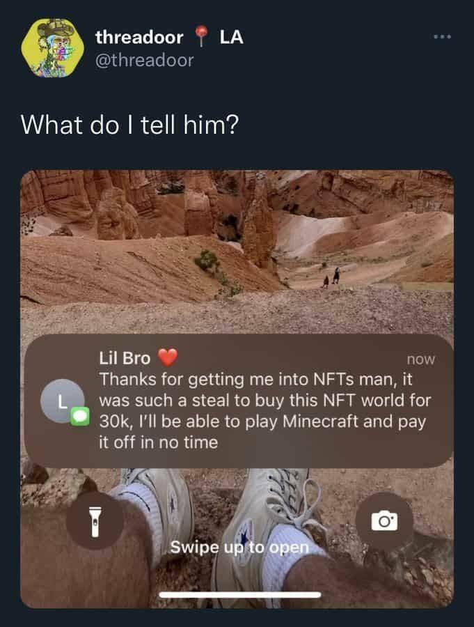 crypto memes. Thanks for getting me into NFTs man, it was such a steal to buy this NFT world for 30k, I'll be able to play Minecraft and pay it off in no time