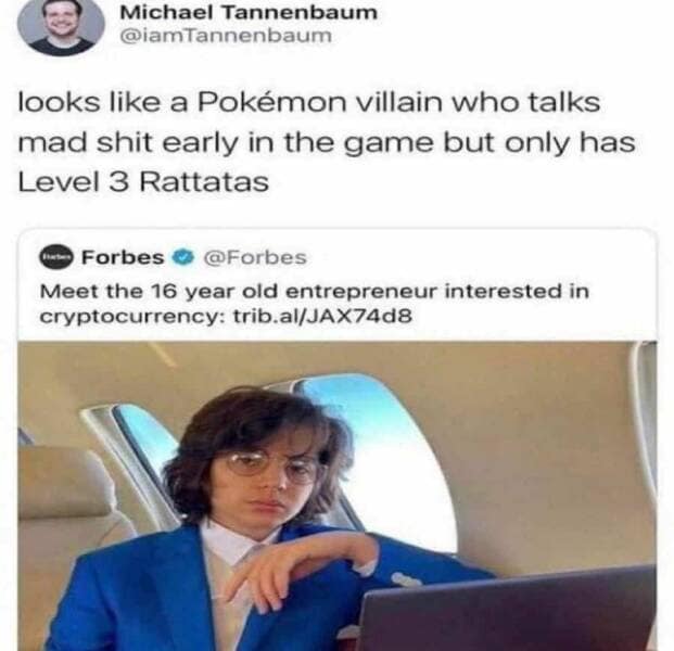 crypto memes. looks like a Pokémon villain who talks mad shit early in the game but only has Level 3 Rattatas