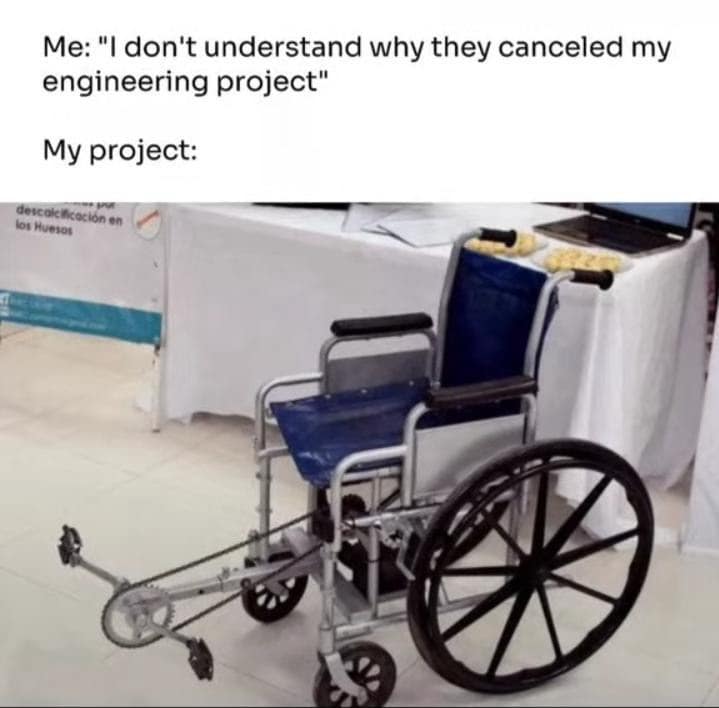 funny pics. Me: "I don't understand why they canceled my engineering project" My project: