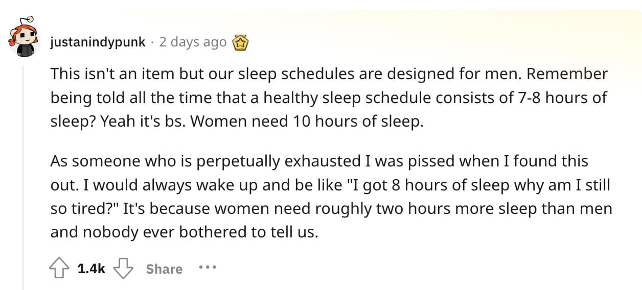 This isn't an item but our sleep schedules are designed for men. Remember being told all the time that a healthy sleep schedule consists of 7-8 hours of sleep? Yeah it's bs. Women need 10 hours of sleep.