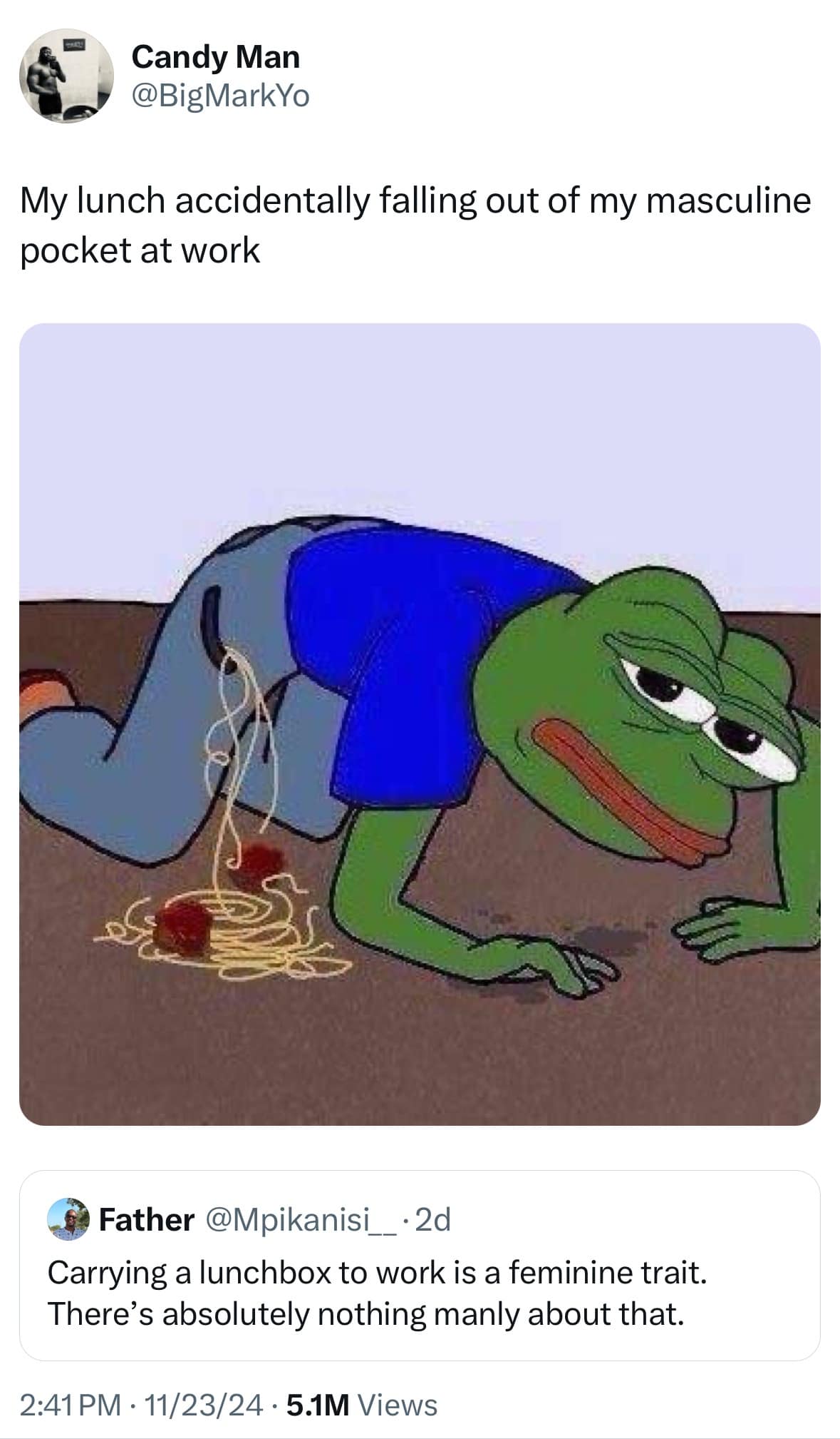 My lunch accidentally falling out of my masculine pocket at work