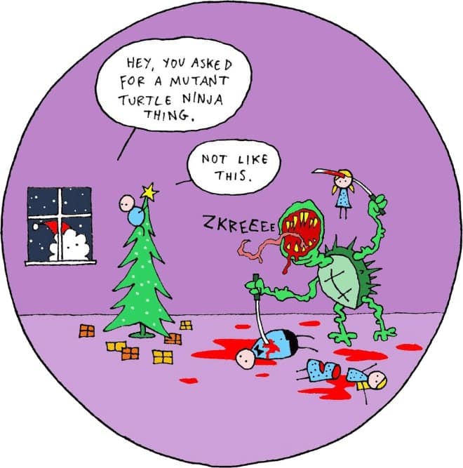 dark humor comics, dark comic strips, edgy humor cartoons, grimly ironic illustrations, dark Christmas comics, bleak festive strips, moody holiday panels, grim yuletide sketches twisted humor illustrations, warped humorous drawings, offbeat satirical images, subversive comical art grim holiday artwork, somber seasonal visuals, eerie festive renderings, dismal Christmas imagery