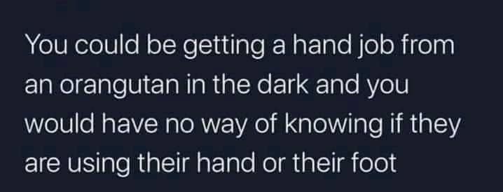 You could be getting a hand job from an orangutan in the dark and you would have no way of knowing if they are using their hand or their foot