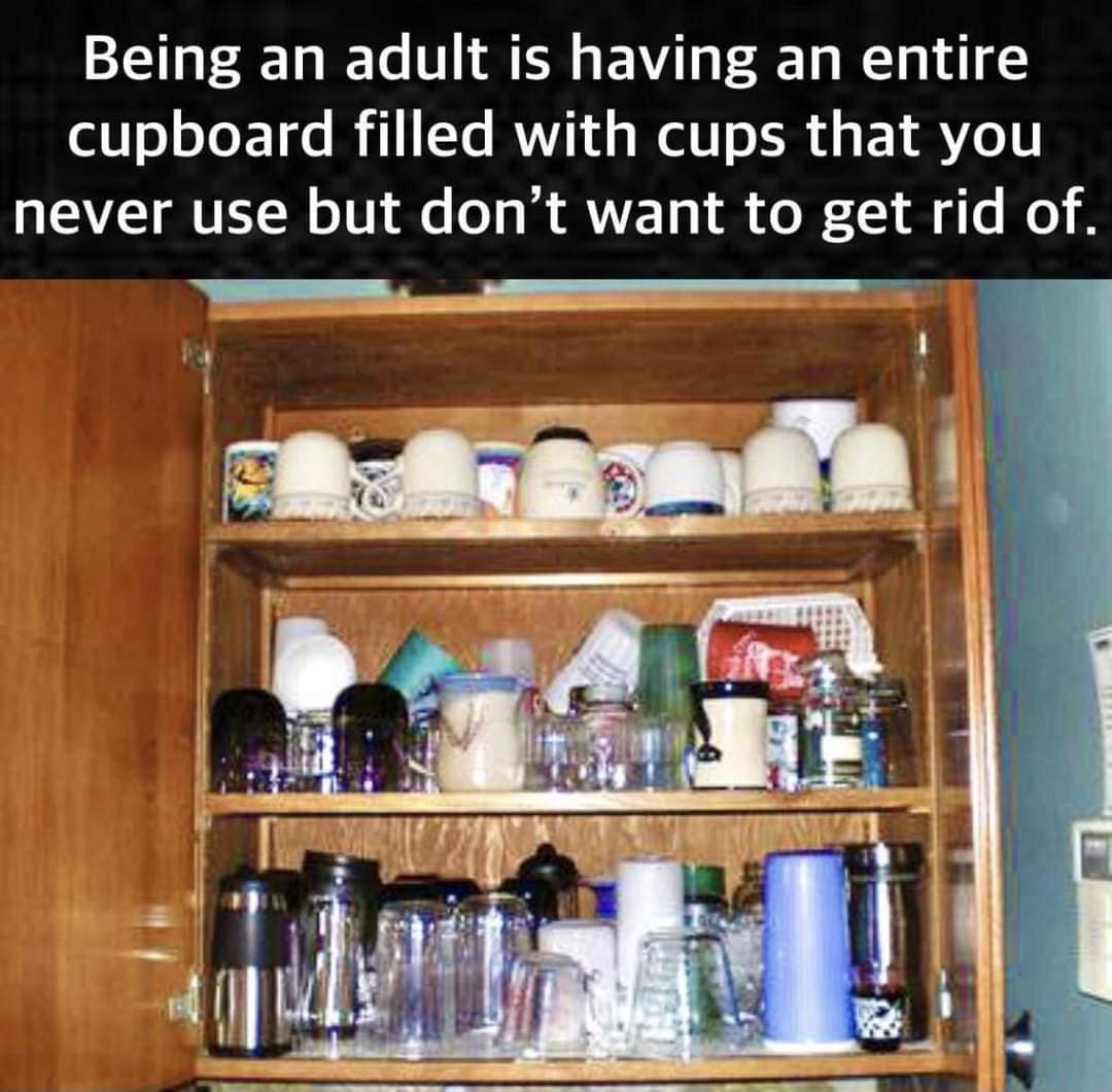 Being an adult is having an entire cupboard filled with cups that you never use but don't want to get rid of.