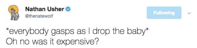 Nathan Usher ® @thenatewolf *everybody gasps as I drop the baby* Oh no was it expensive? Following