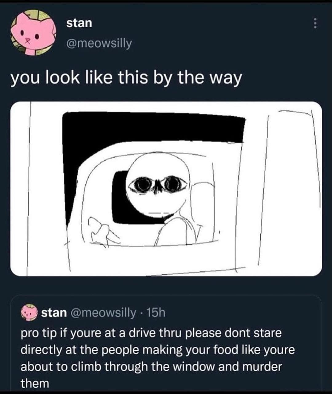stan @meowsilly you look like this by the way stan @meowsilly • 15h pro tip if youre at a drive thru please dont stare directly at the people making your food like youre about to climb through the window and murder them