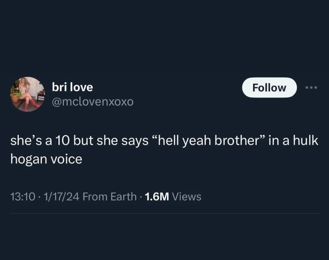 bri love @mclovenxoxo Follow ... she's a 10 but she says "hell yeah brother" in a hulk hogan voice 13:10 • 1/17/24 From Earth • 1.6M Views