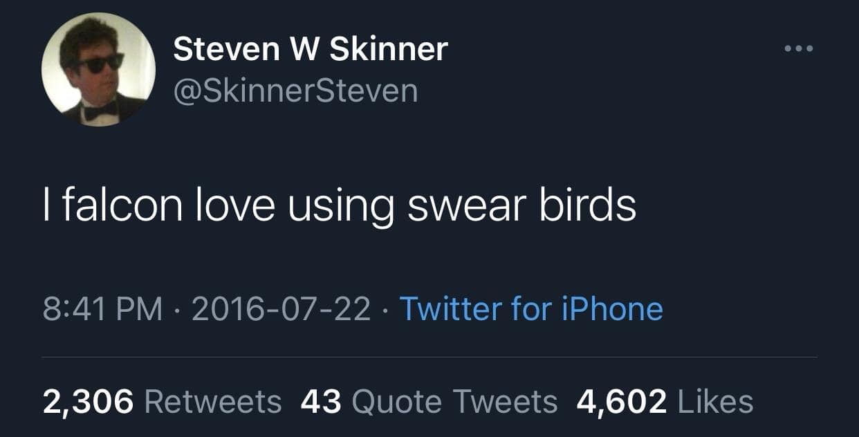 Steven W Skinner @SkinnerSteven • • • I falcon love using swear birds 8:41 PM • 2016-07-22 • Twitter for iPhone 2,306 Retweets 43 Quote Tweets 4,602 Likes