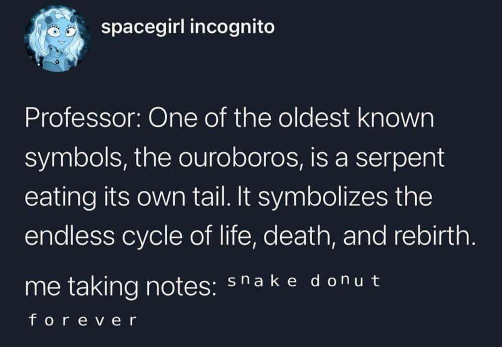 Professor: One of the oldest known symbols, the ouroboros, is a serpent eating its own tail. It symbolizes the endless cycle of life, death, and rebirth. me taking notes: snake donut forever