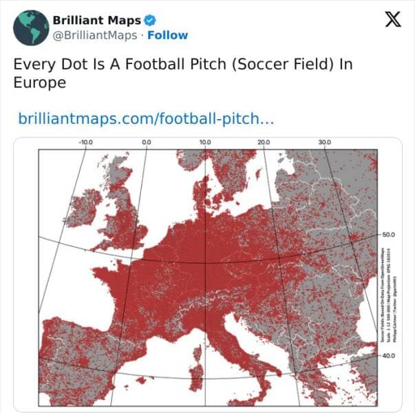 Every Dot Is A Football Pitch (Soccer Field) In Europe