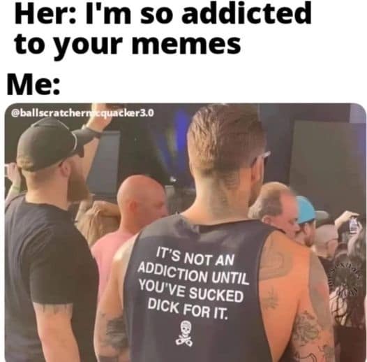 Her: I'm so addicted to your memes Me: @ballscratchermcquacker3.0 IT'S NOT AN ADDICTION UNTIL YOU'VE SUCKED DICK FOR IT.