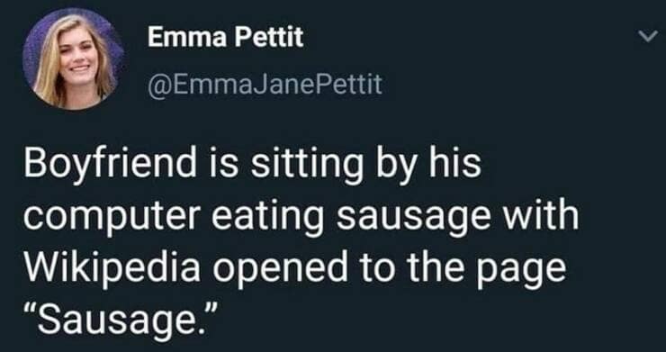 Boyfriend is sitting by his computer eating sausage with Wikipedia opened to the page "Sausage."