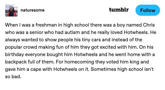 When I was a freshman in high school there was a boy named Chris who was a senior who had autism and he really loved Hotwheels. He always wanted to show people his tiny cars and instead of the popular crowd making fun of him they got excited with him. On his birthday everyone bought him Hotwheels and he went home with a backpack full of them. For homecoming they voted him king and gave him a cape with Hotwheels on it. Sometimes high school isn't so bad.