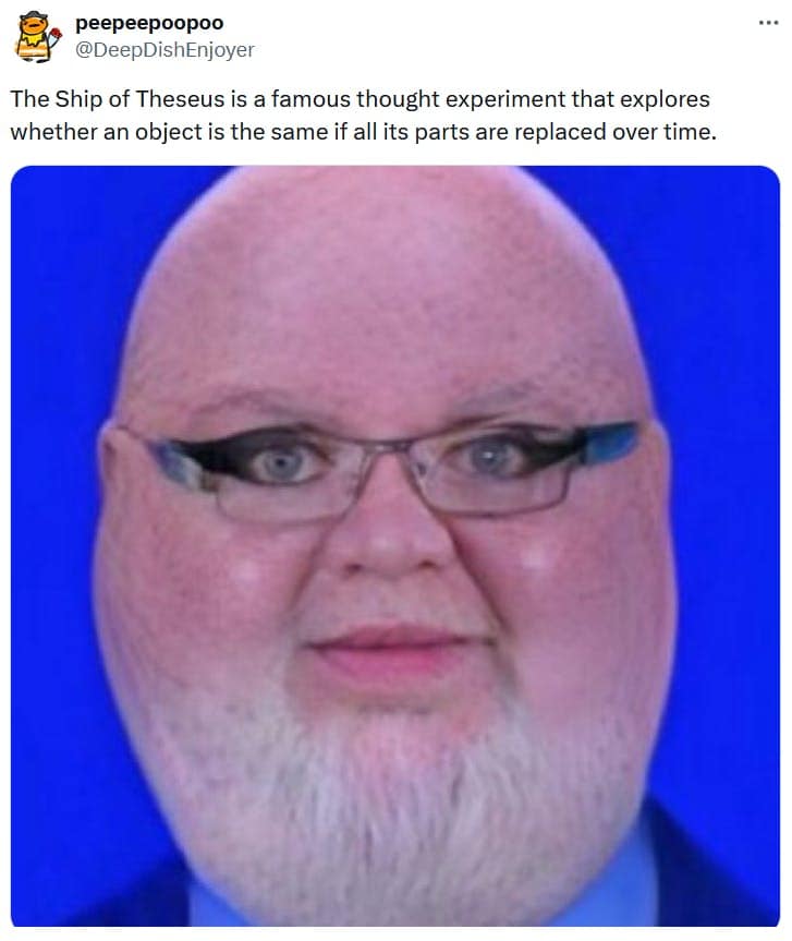 The Ship of Theseus is a famous thought experiment that explores whether an object is the same if all its parts are replaced over time.