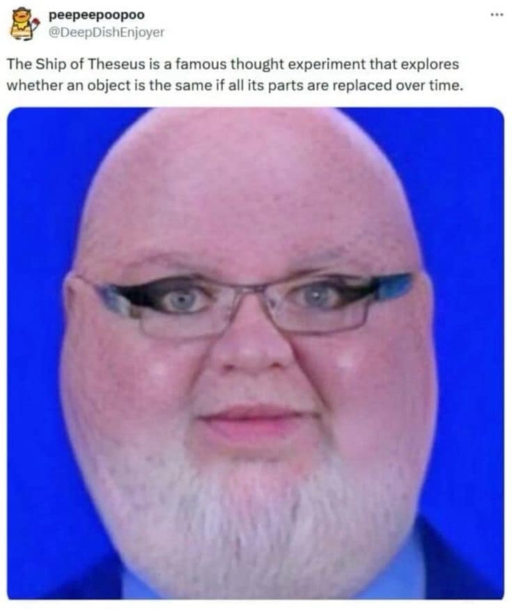 So peepeepoopoo @DeepDishEnjoyer The Ship of Theseus is a famous thought experiment that explores whether an object is the same if all its parts are replaced over time.