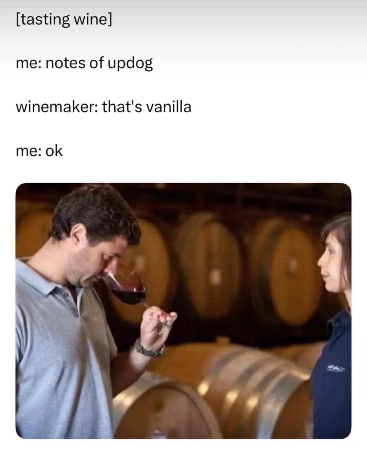 [tasting wine] me: notes of updog winemaker: that's vanilla me: ok