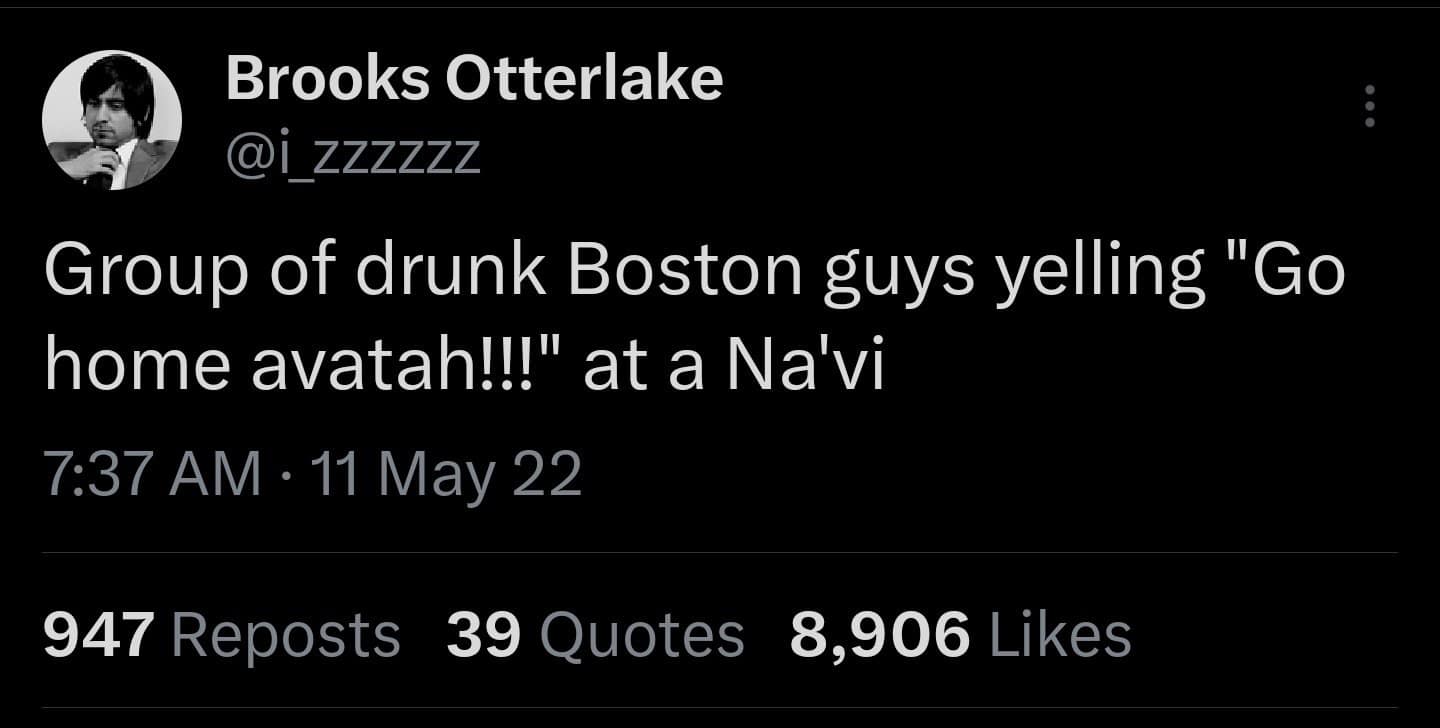 Brooks Otterlake @i zzzzzz Group of drunk Boston guys yelling "Go home avatah!!!" at a Navi 7:37 AM • 11 May 22 947 Reposts 39 Quotes 8,906 Likes