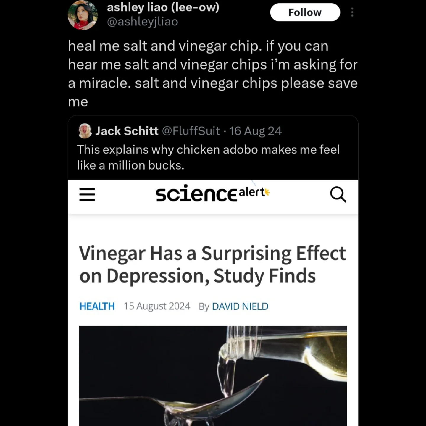 ashley liao (lee-ow) @ashleyjliao Follow heal me salt and vinegar chip. if you can hear me salt and vinegar chips i'm asking for a miracle. salt and vinegar chips please save me Jack Schitt @FluffSuit • 16 Aug 24 This explains why chicken adobo makes me feel like a million bucks. sciencealert: Q Vinegar Has a Surprising Effect on Depression, Study Finds HEALTH 15 August 2024 By DAVID NIELD