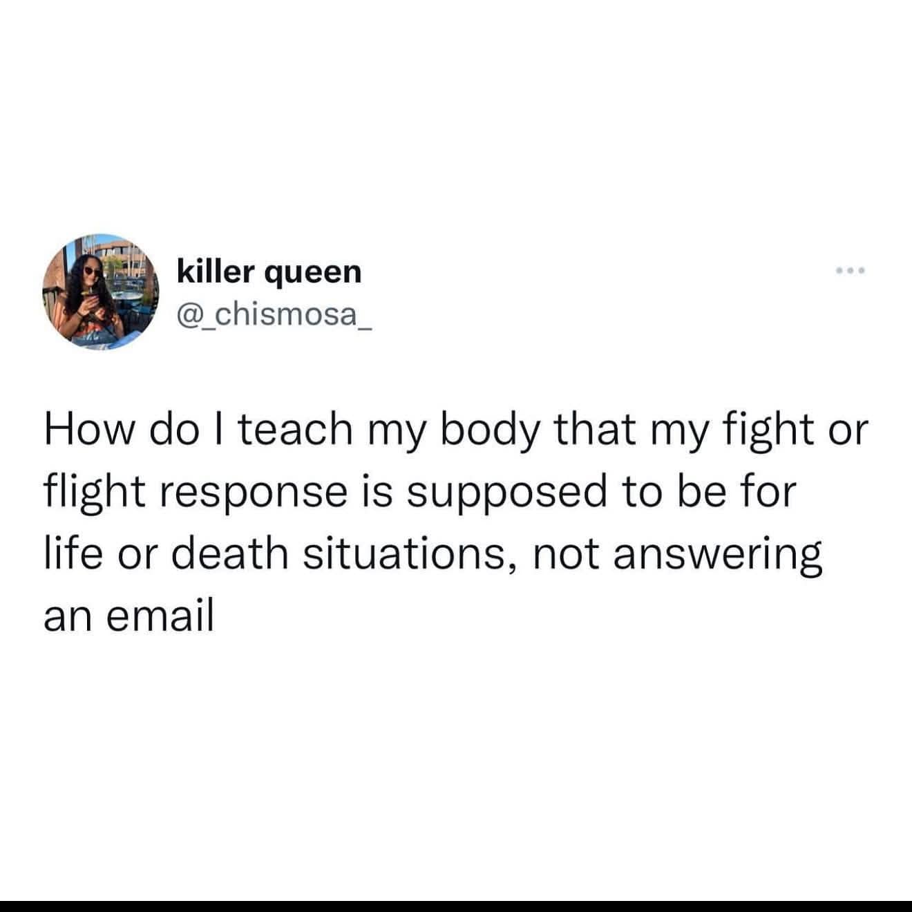 killer queen @ chismosa_ How do I teach my body that my fight or flight response is supposed to be for life or death situations, not answering an email