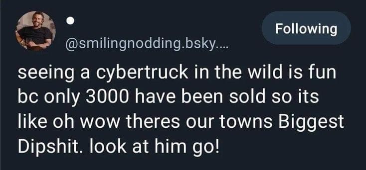 seeing a cybertruck in the wild is fun bc only 3000 have been sold so its like oh wow theres our towns Biggest Dipshit. look at him go!