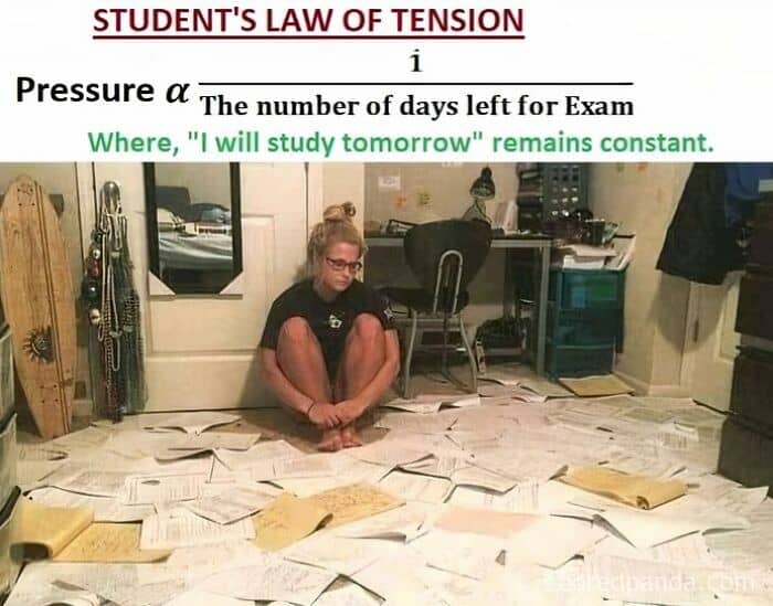 STUDENT'S LAW OF TENSION i Pressure A The number of days left for Exam Where, "I will study tomorrow" remains constant.